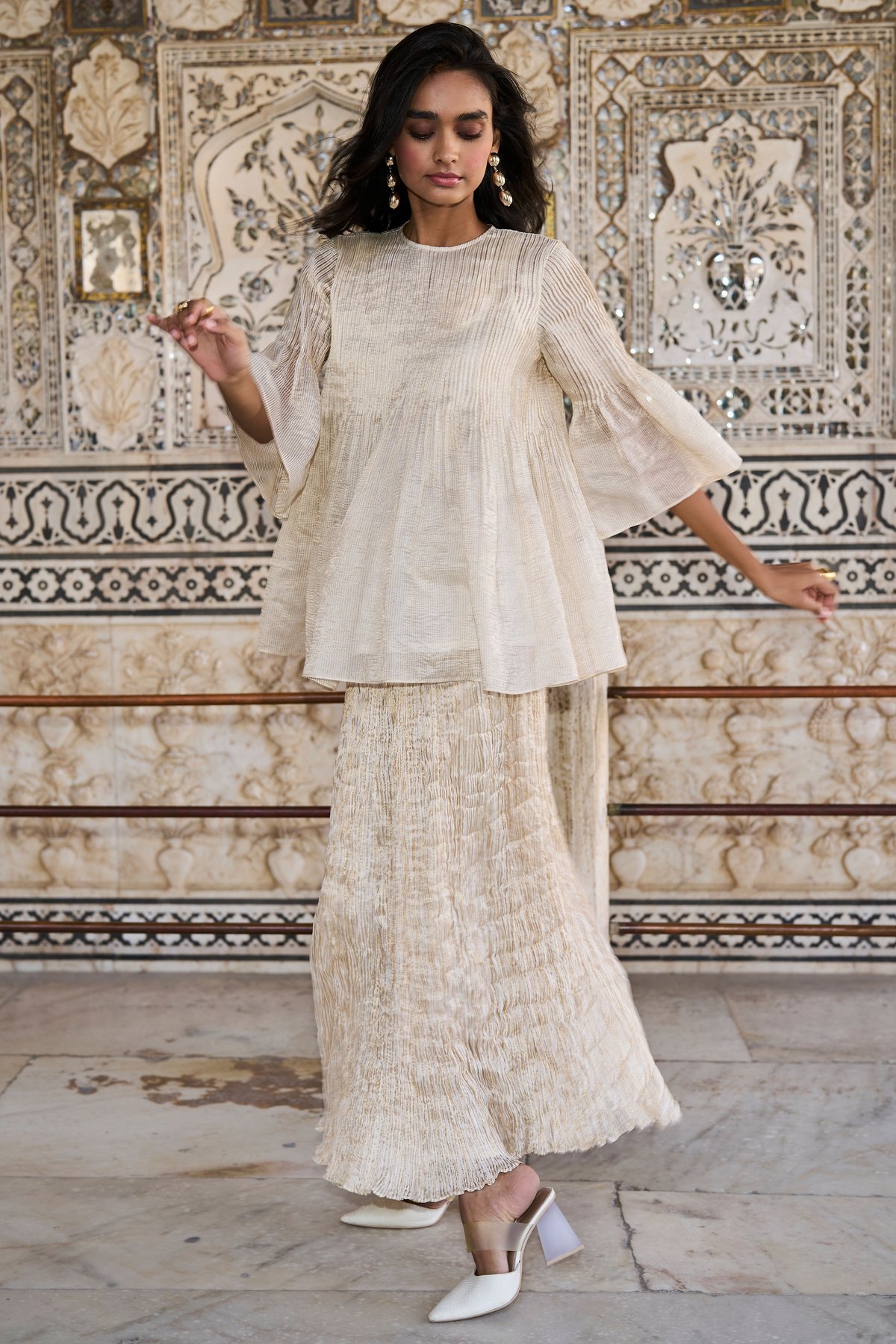 Ivory Gold Crinkled Tissue Midi Skirt with Waist Tie