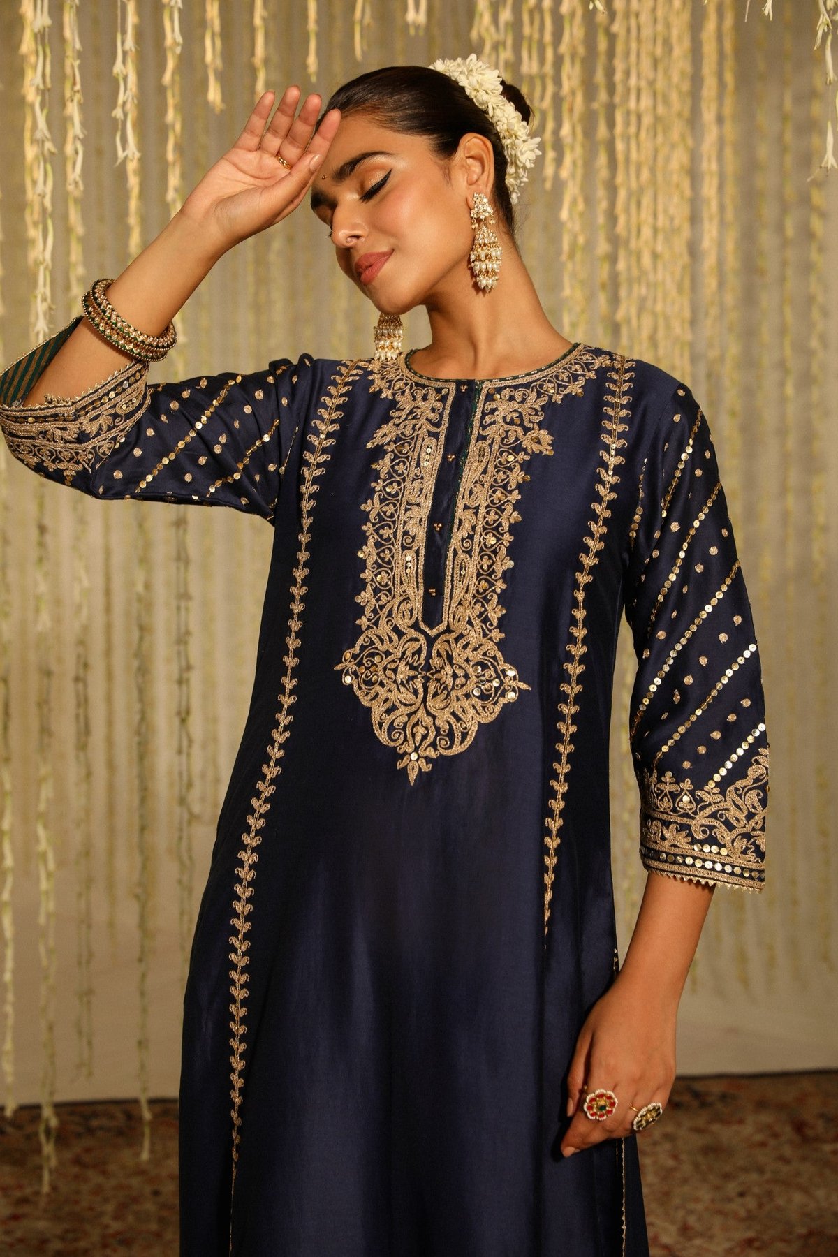 Deep Blue A-Line Kurta Set with Palazzo and Dupatta