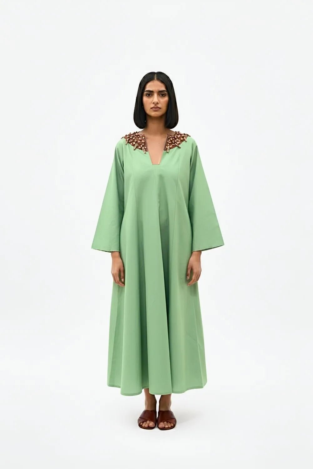 Asparagus Green Beaded Neck A-Line Maxi Dress