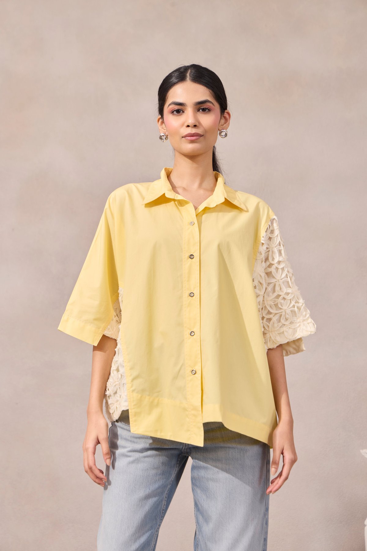 Pastel Green Boxy Cotton Poplin Shirt with Cutwork Inlay