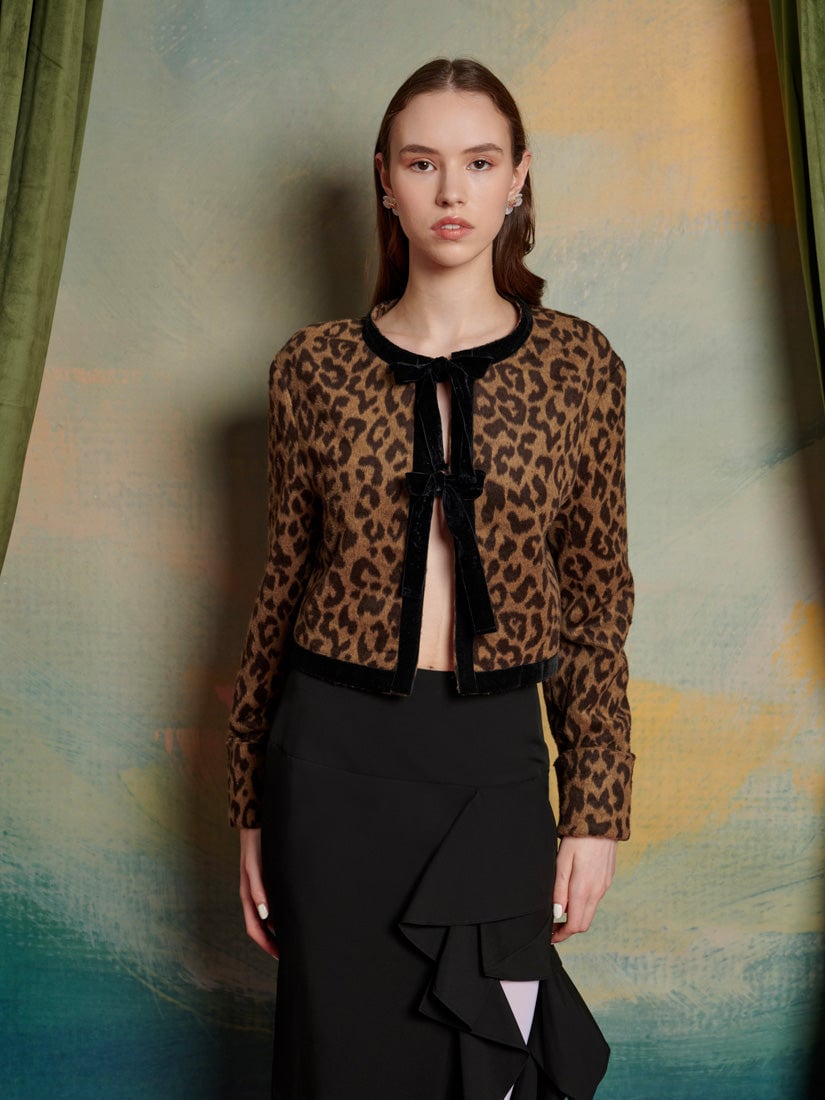 Brown Leopard Print Cropped Cardigan with Velvet Bow Ties