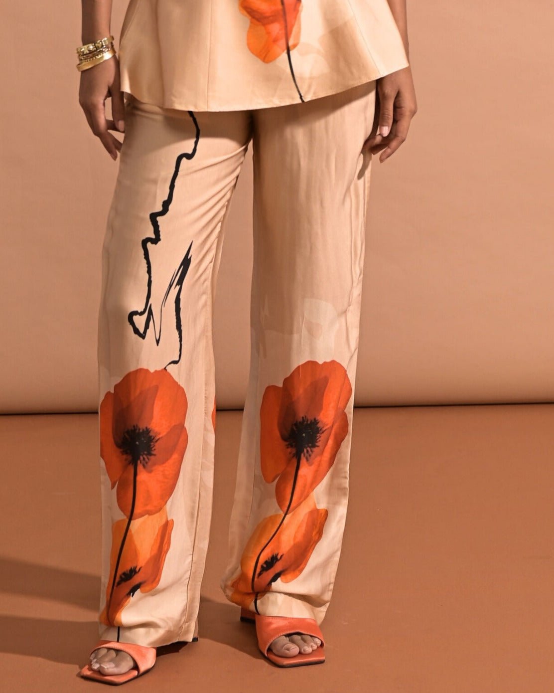 Beige Modal Satin Wide-Leg Floral Printed Trousers