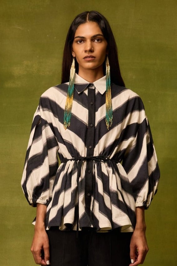 Black and White Striped Linen Peplum Shirt Top