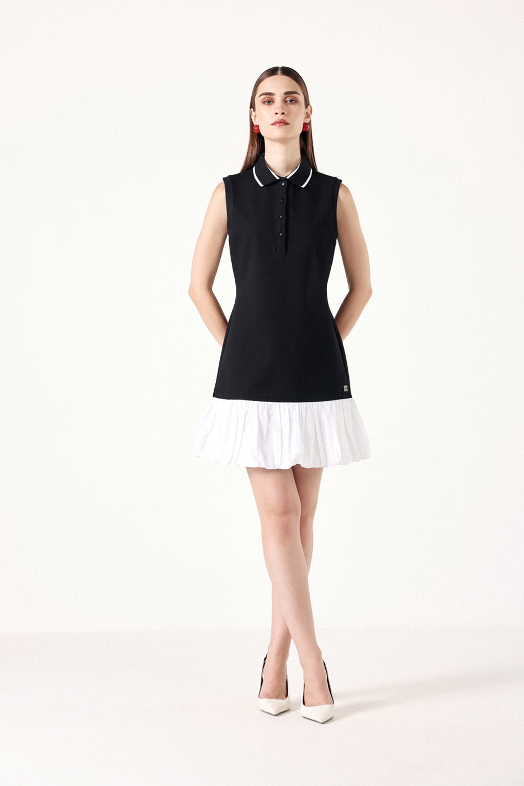 Black Polo Collar Mini Dress with White Bubble Hem