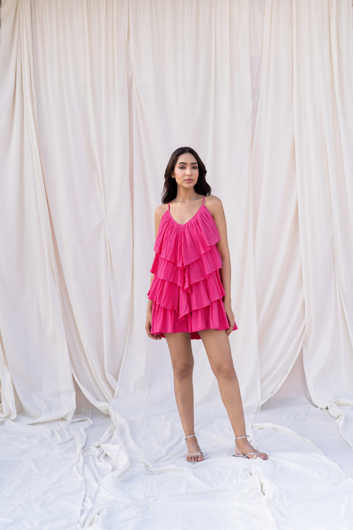 Pink Tiered Ruffle Mini Dress with Back Tie-Up