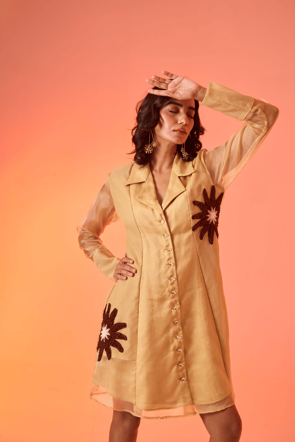 Mustard Organza Shirt Dress with Patchwork Embroidery