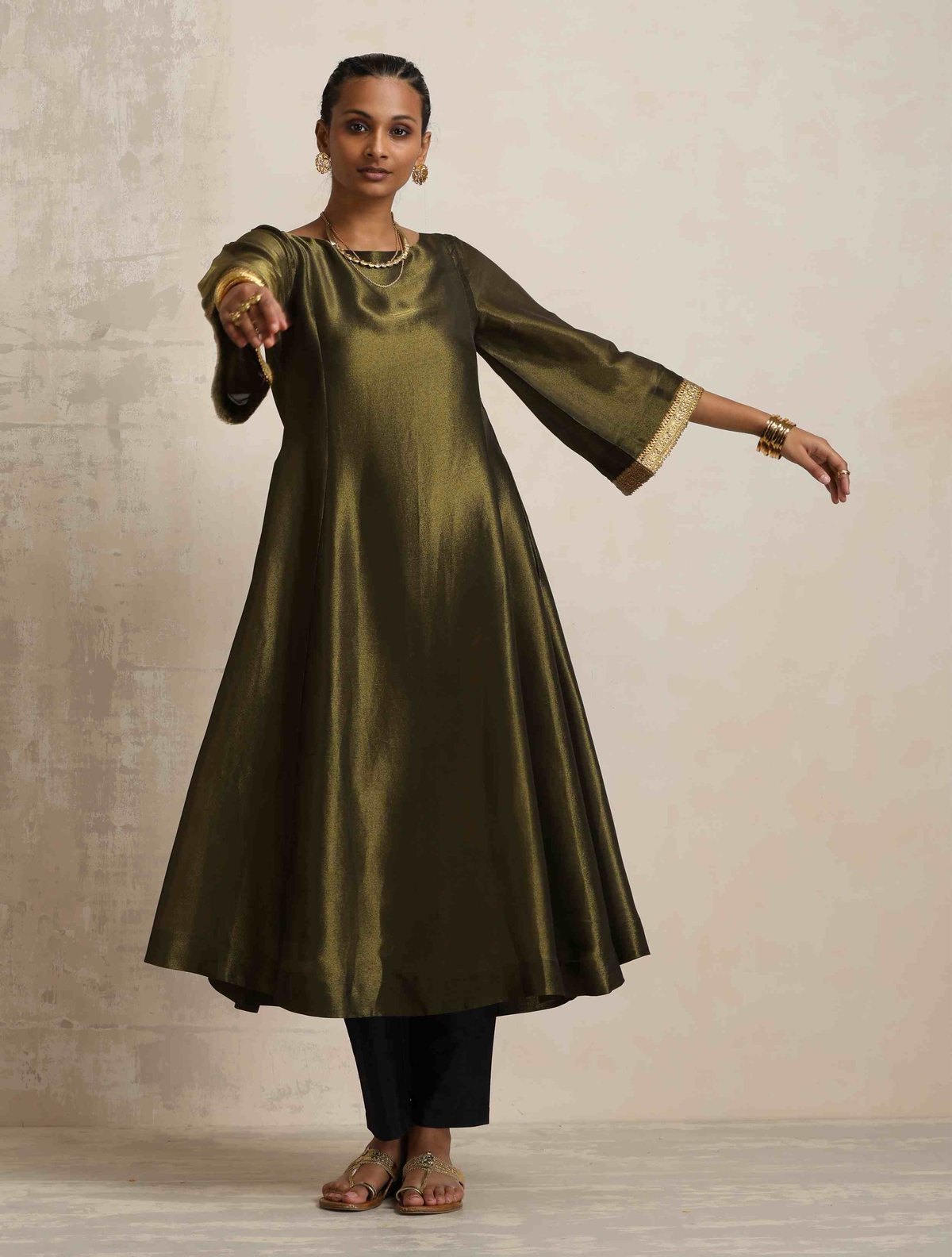 Olive Green Tissue Flared Anarkali Kurta Set