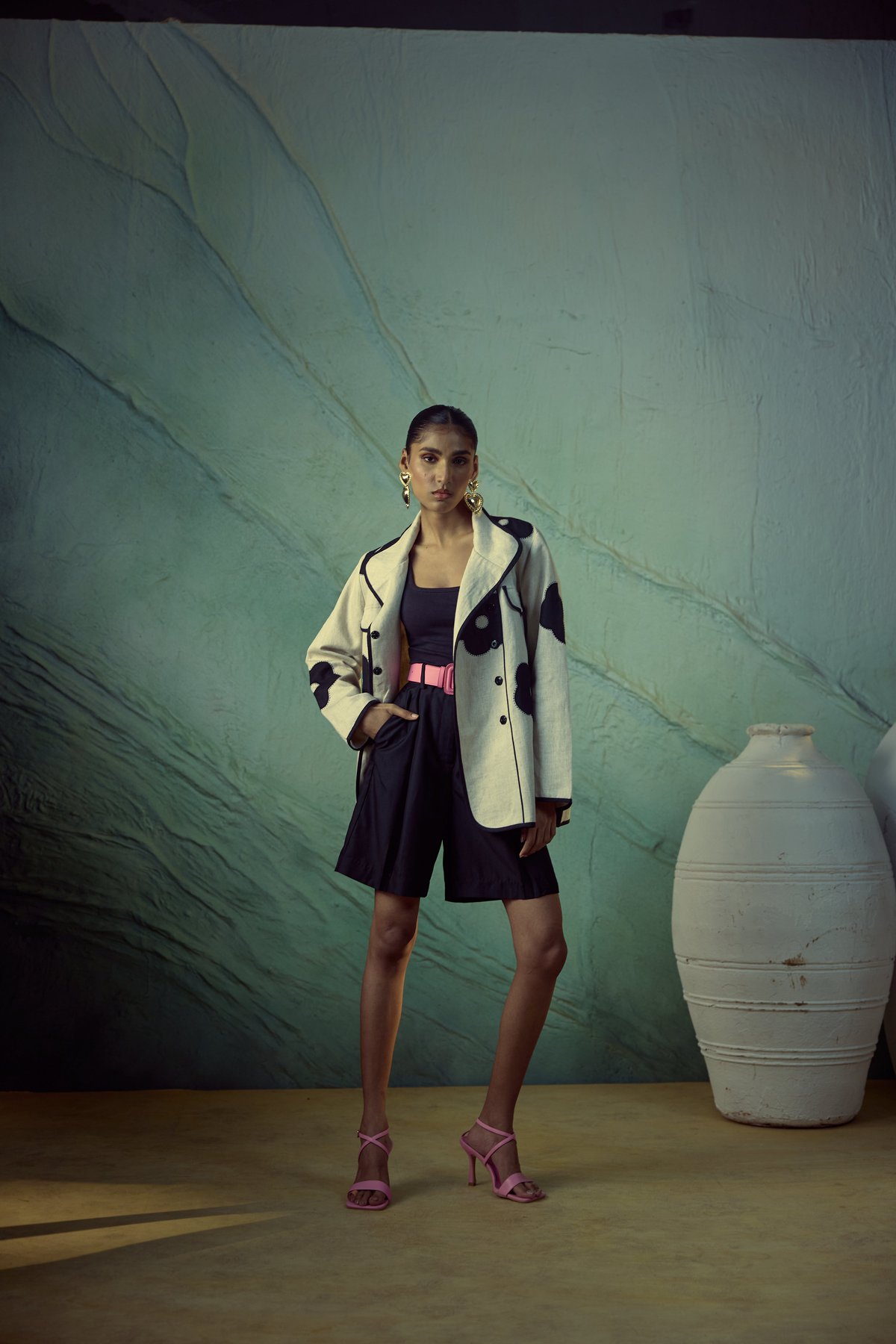 Beige Linen Jacket with Black Floral Applique