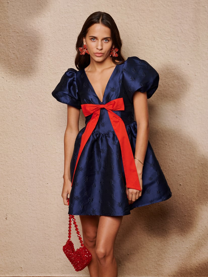 Navy Blue Fit and Flare Mini Dress with Red Bow