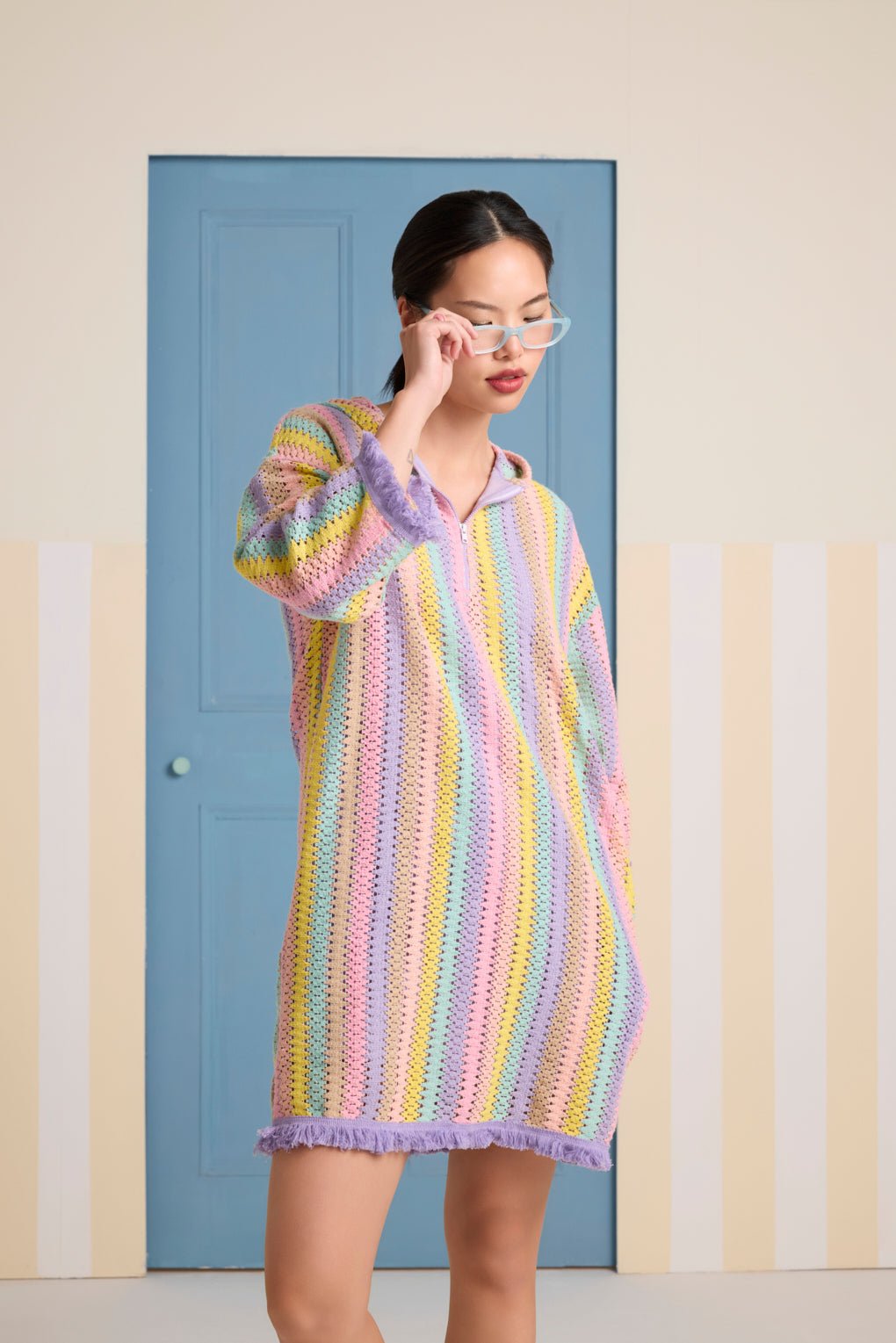 Multicolor Crochet Hoodie Mini Dress with Fringe Trim