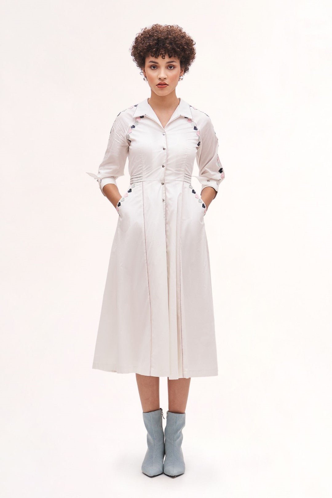 White Cotton Fit and Flare Midi Shirt Dress with Applique