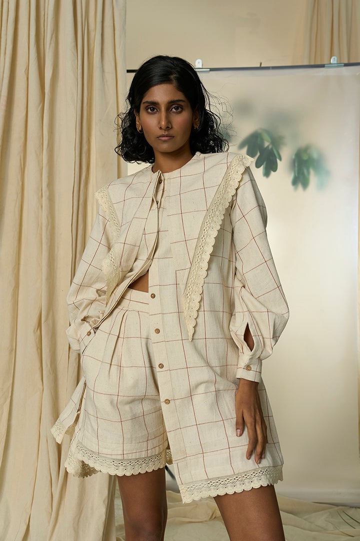 Beige Checked Dress and Shorts Co-ord Set with Lace Trim