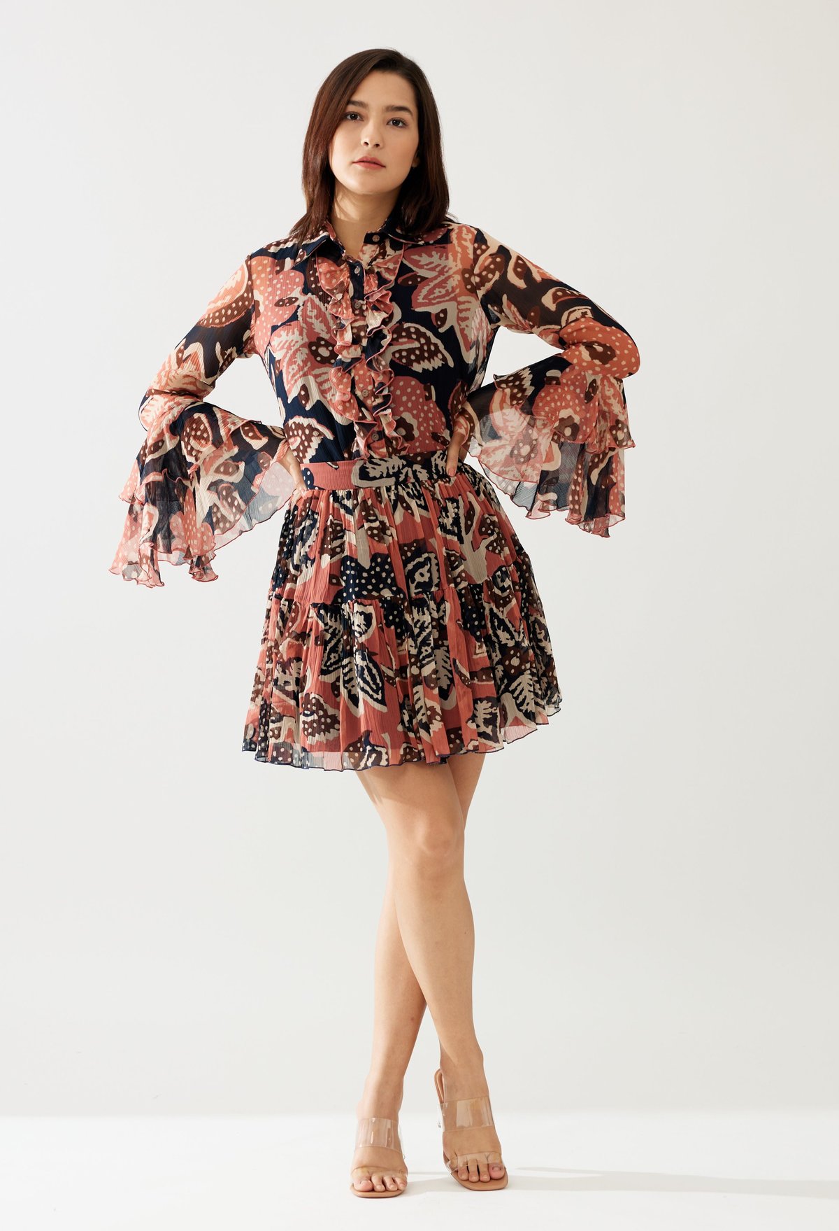 Pink And Dark Blue Floral Short Skirt