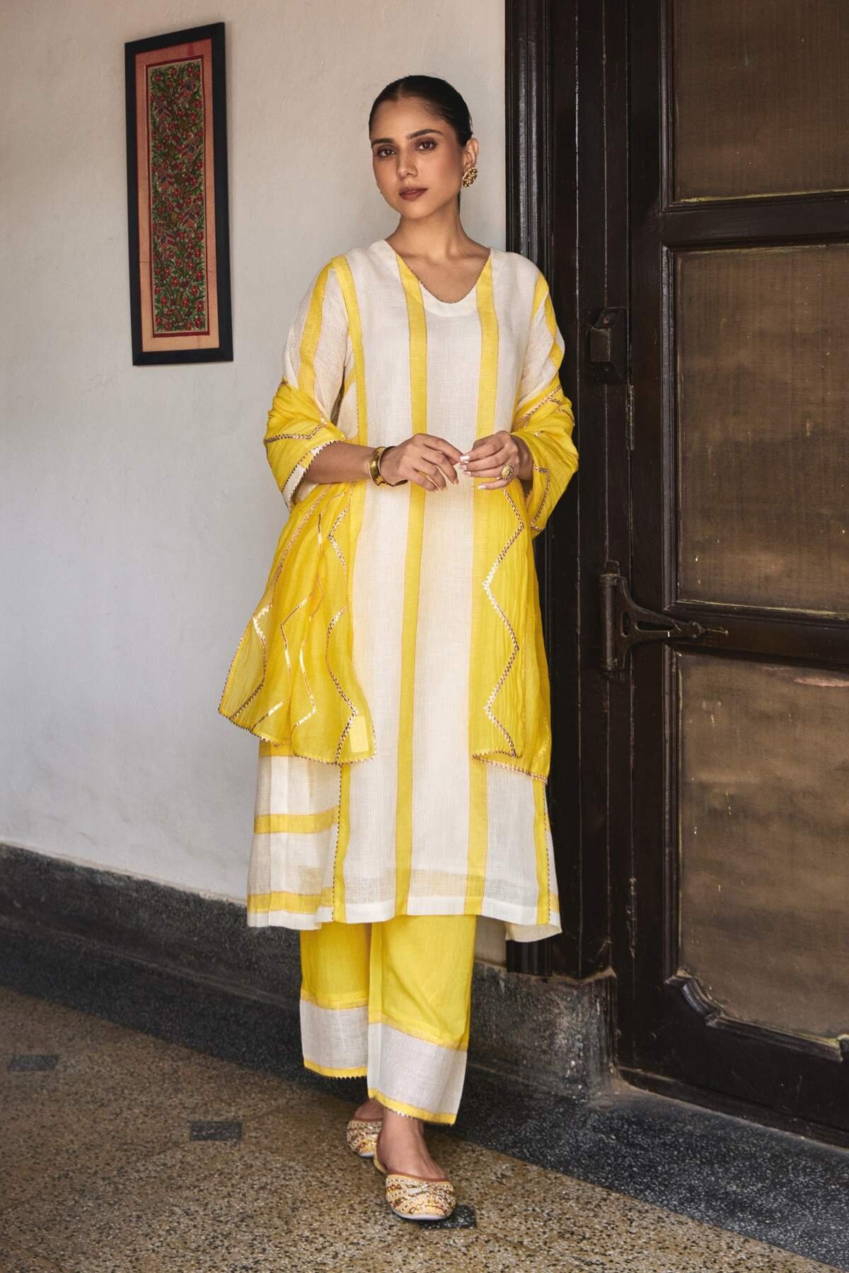 White and Yellow Striped Gauze Linen Kurta Set