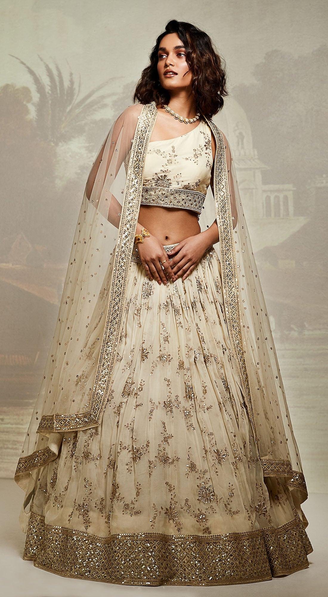 Ivory and Gold One-Shoulder Embroidered Lehenga Set