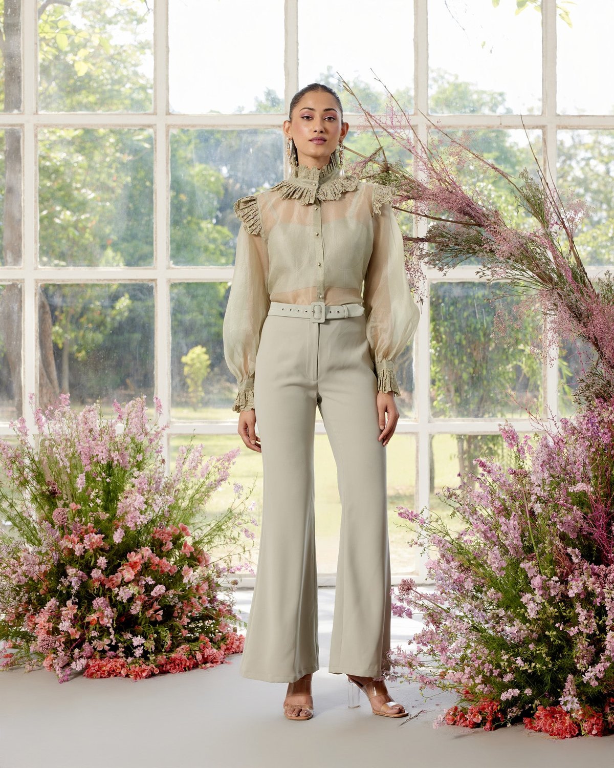 Almond Sheer Organza Shirt and Flared Pants Co-ord Set