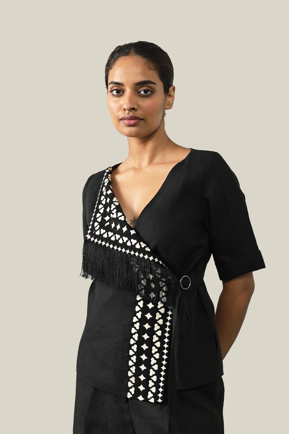 Black Linen Wrap Top with Embroidered Panel and Fringe