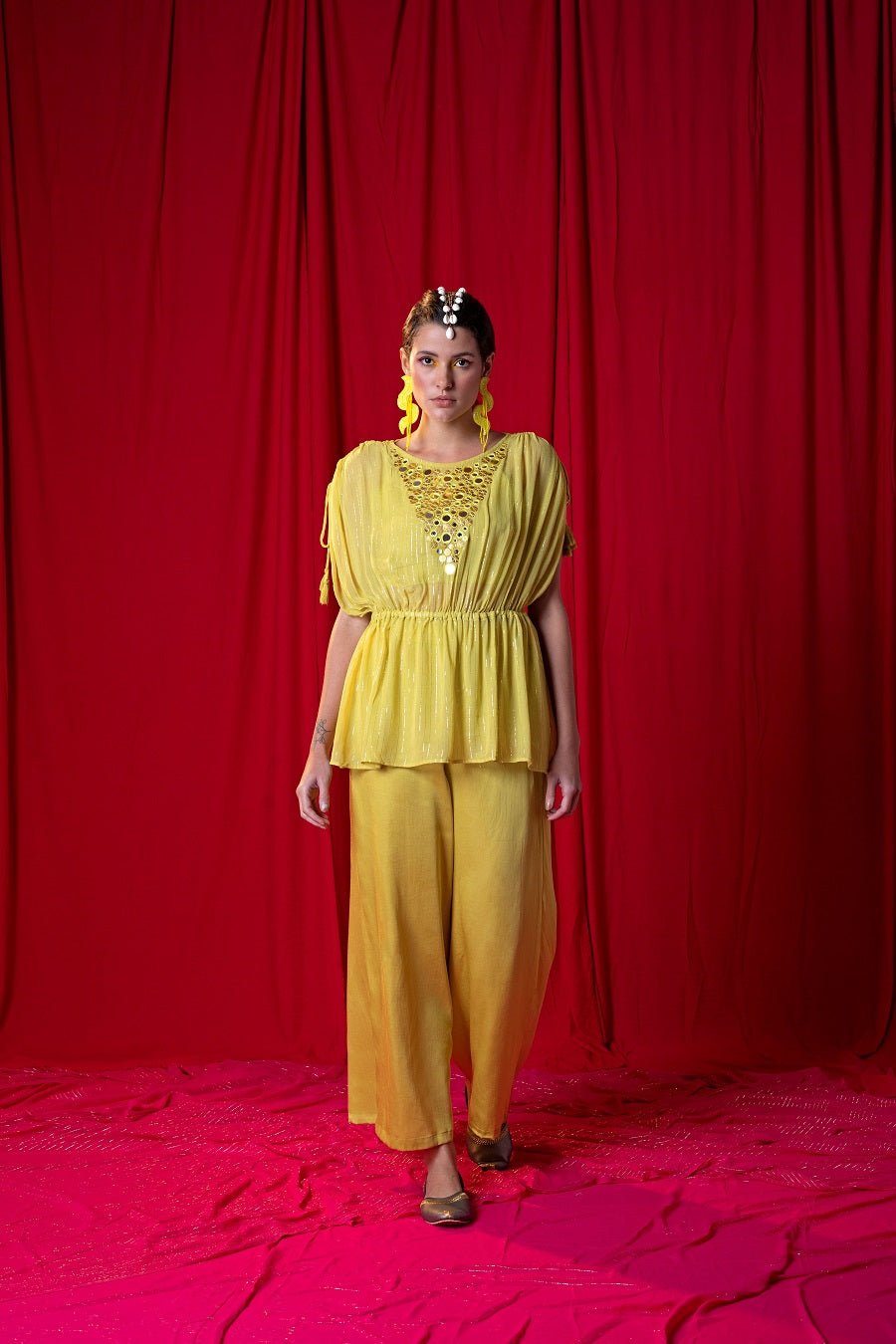Lime Green Shimmer Peplum Top and Palazzo Co-ord Set