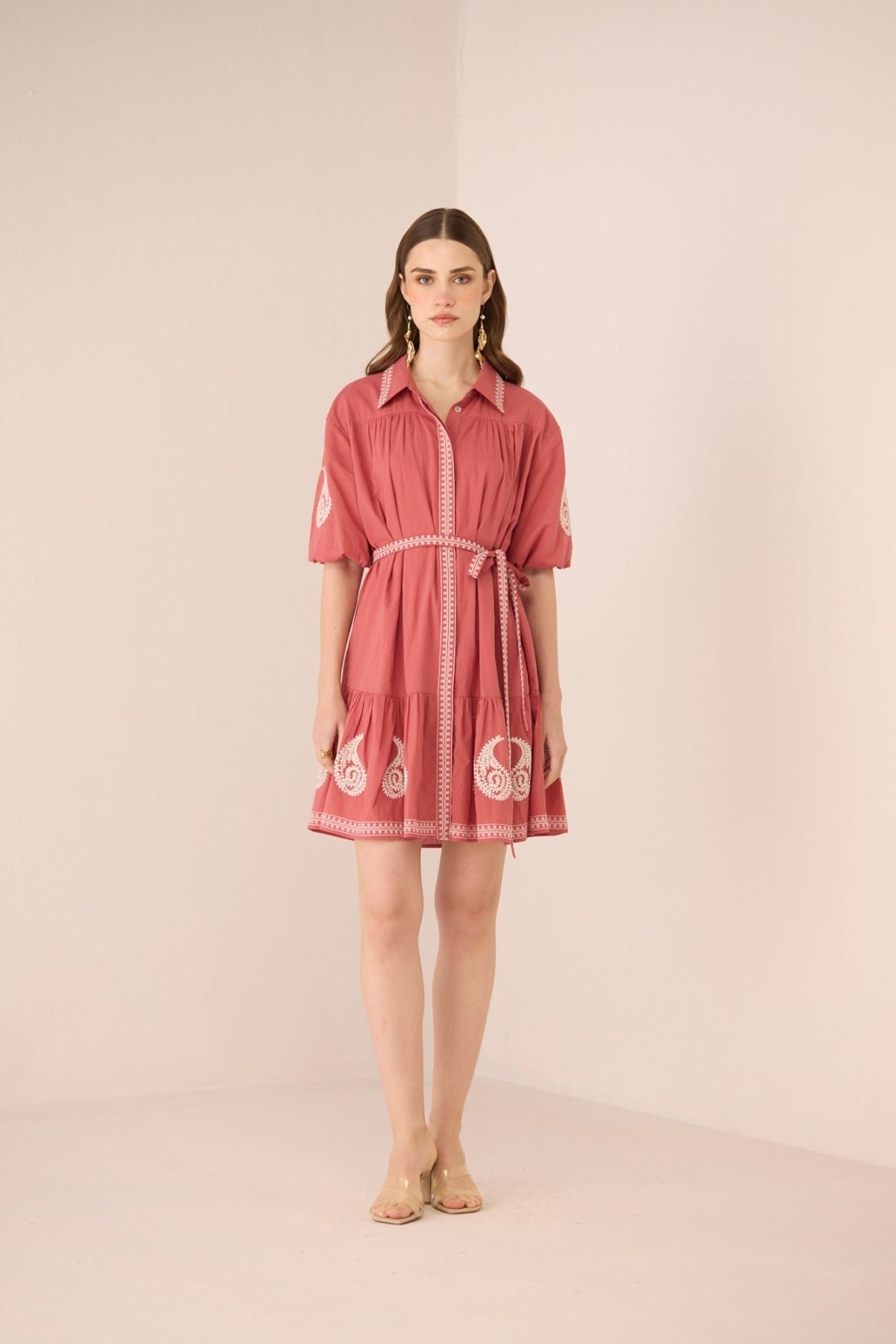 Faded Rose Cotton Embroidered Mini Shirt Dress with Belt