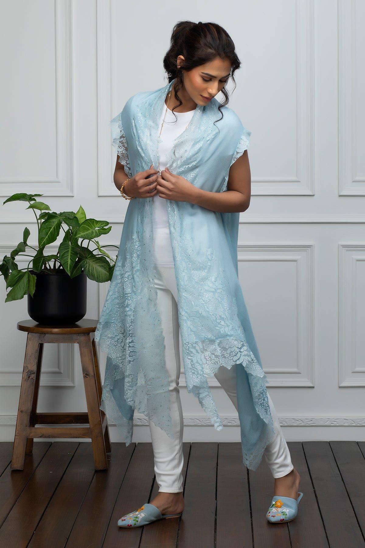 Baby Blue Wool Cape with Lace Cutwork Trim