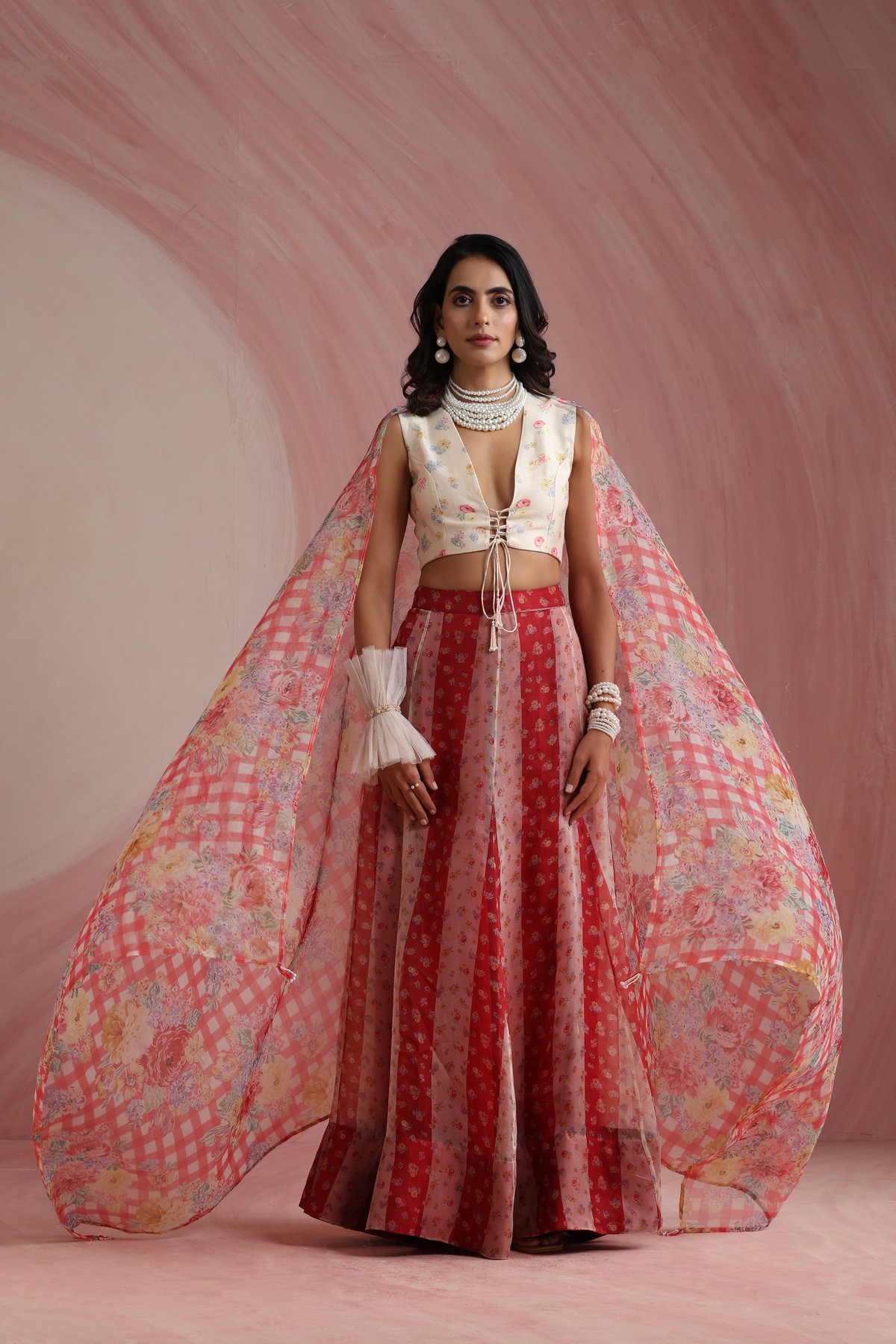 Crimson Organza Printed Lehenga Set with Tie-Up Blouse