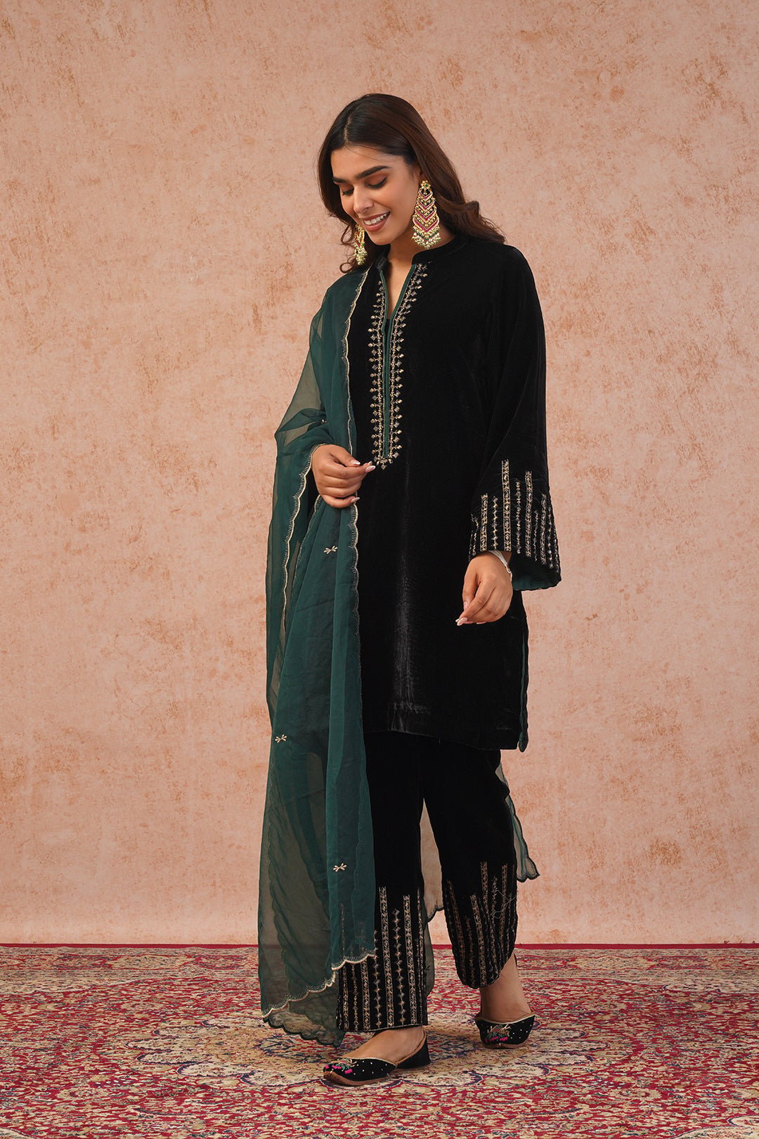 Black Velvet Zari Embroidered Kurta Set with Organza Dupatta