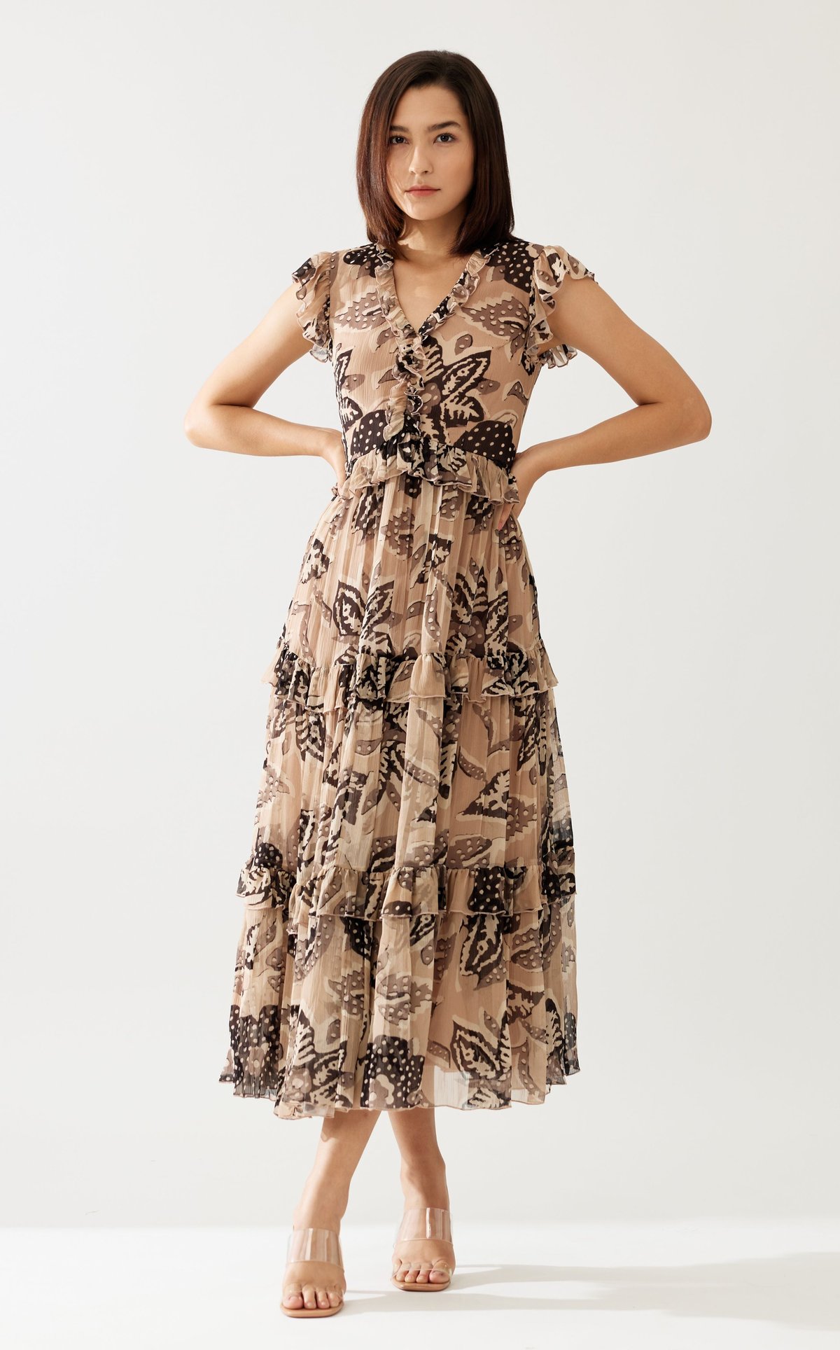 Cream And Dark Brown Floral Midi Dress