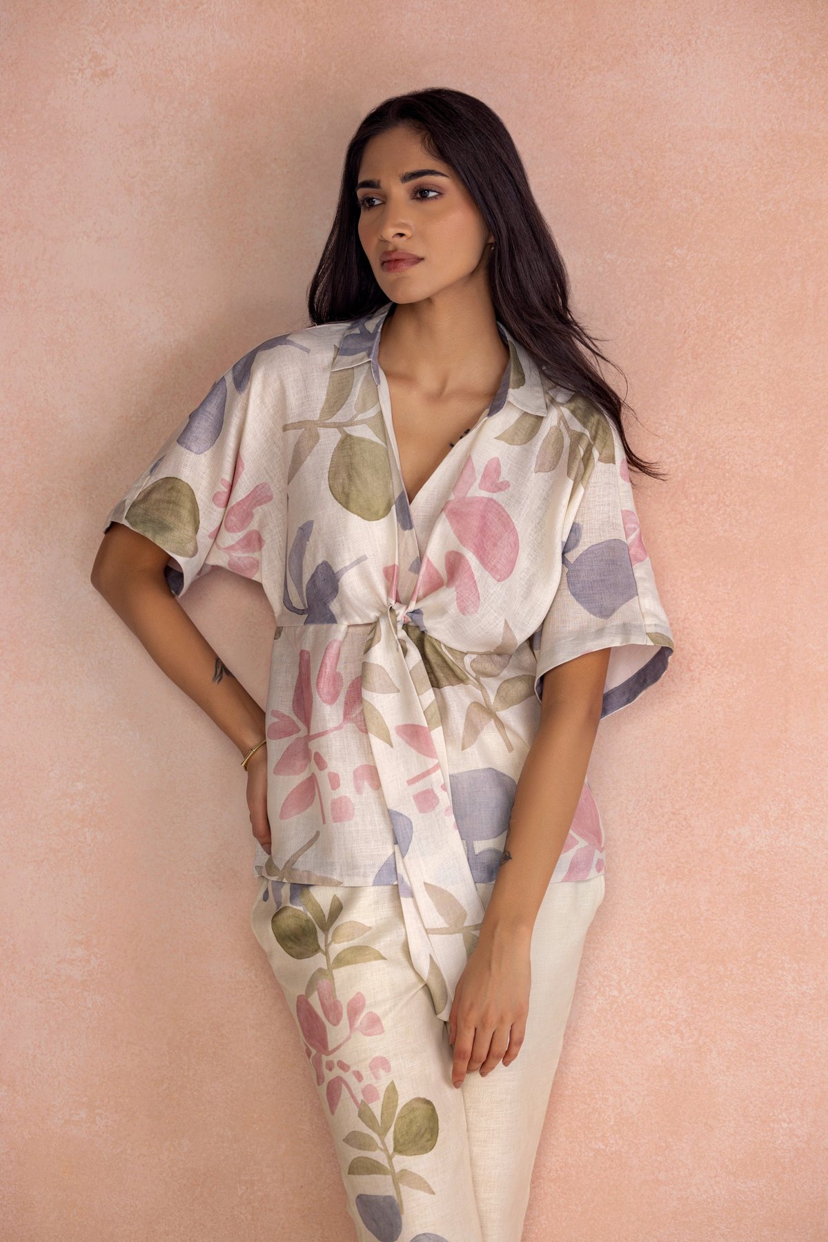 Sahara Linen-Blend Printed Wrap-Look Cinch Top