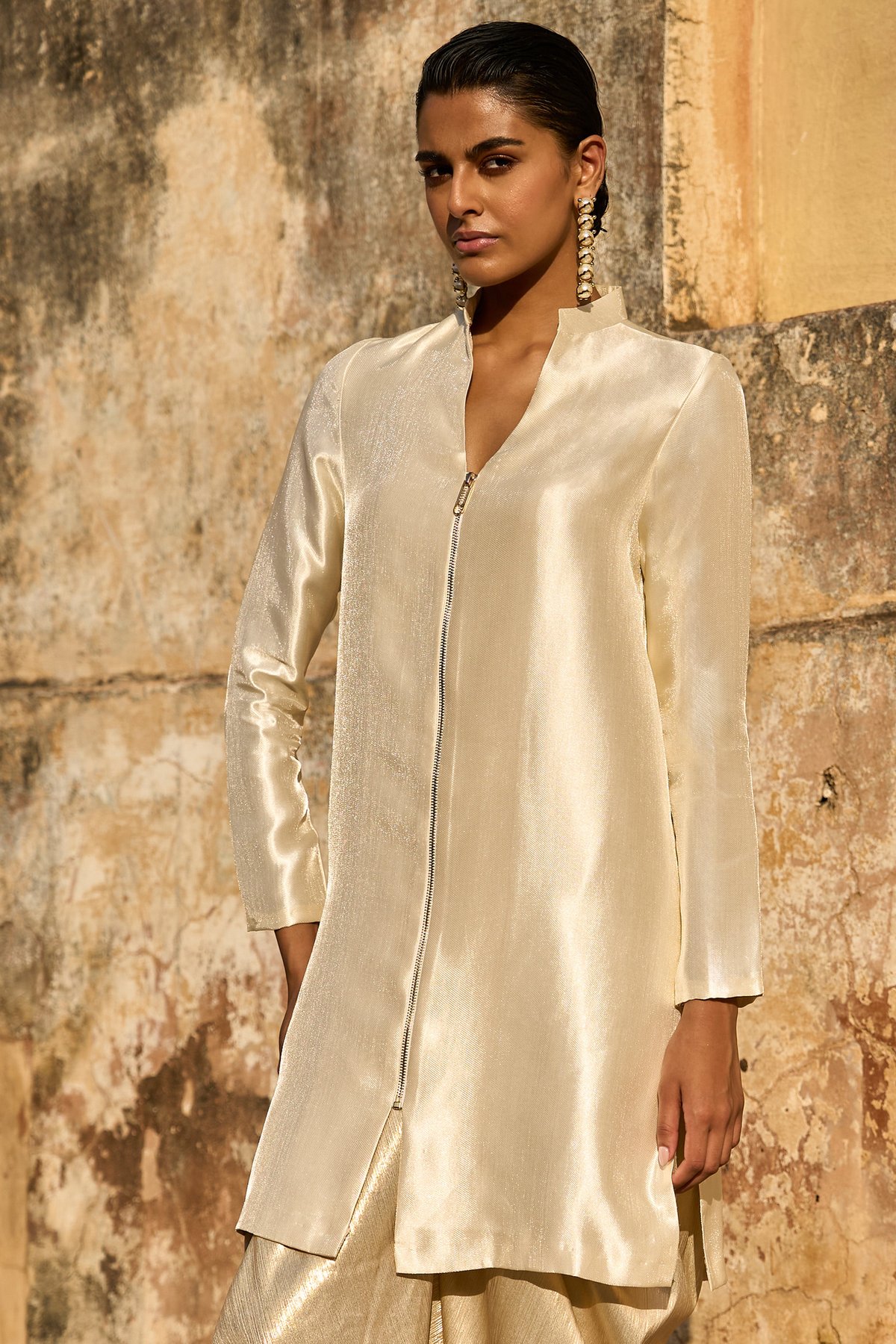 Ivory Longline Zip-Front Top with Band Collar