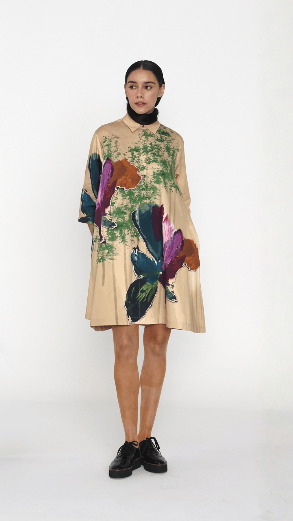 Beige Multicolor Oversized Floral A-Line Shirt Dress
