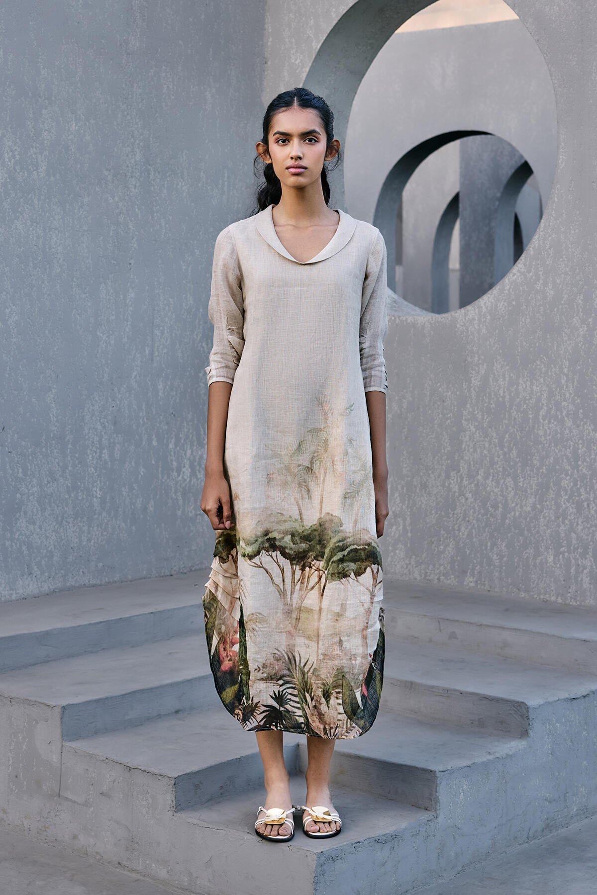 Jungle Print Gauze Linen Relaxed Midi Dress
