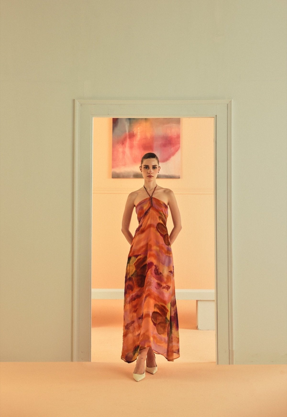 Orange Purple Sunset Print Halter Maxi Dress