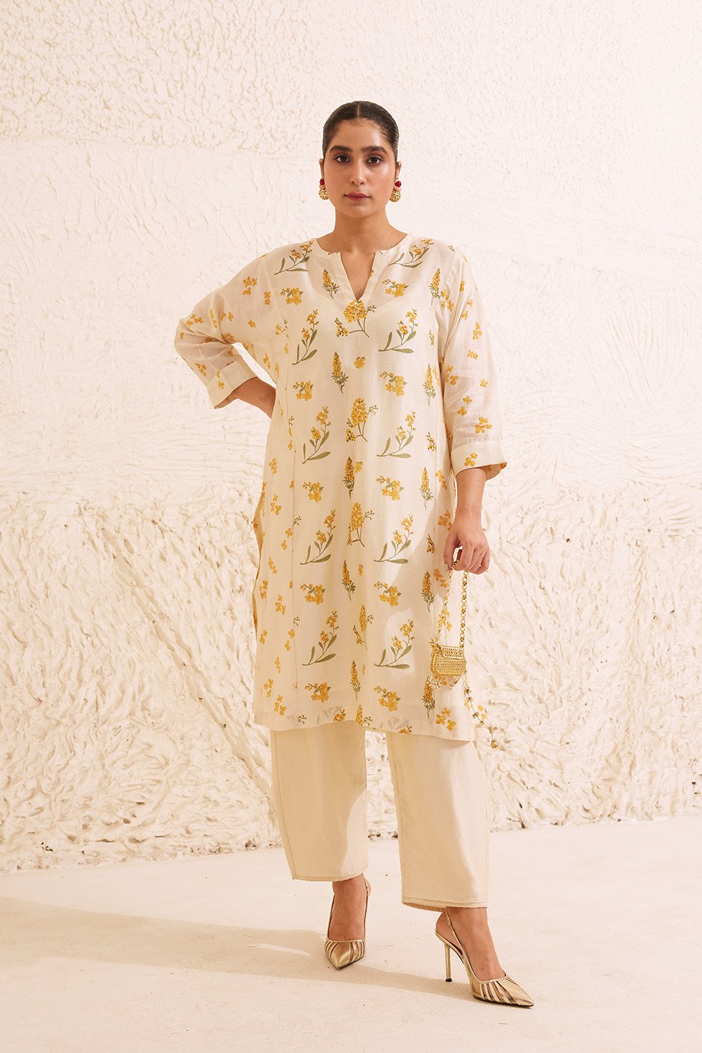 Ivory Chanderi Floral Block Print Kurta Set