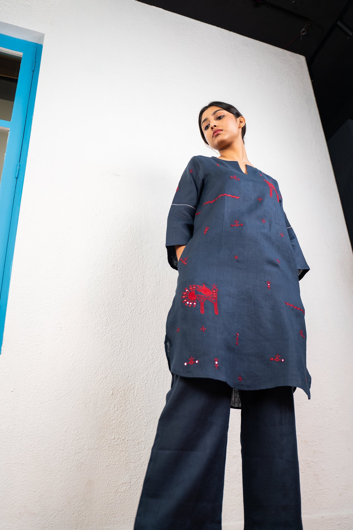 Dark Blue Linen Embroidered Kurta and Pant Set