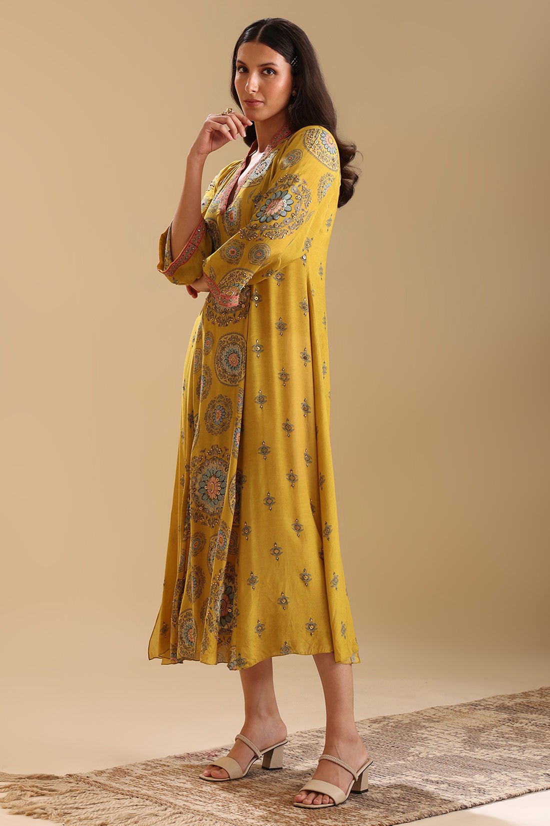 Yellow Chanderi Printed V-Neck Midi Dress