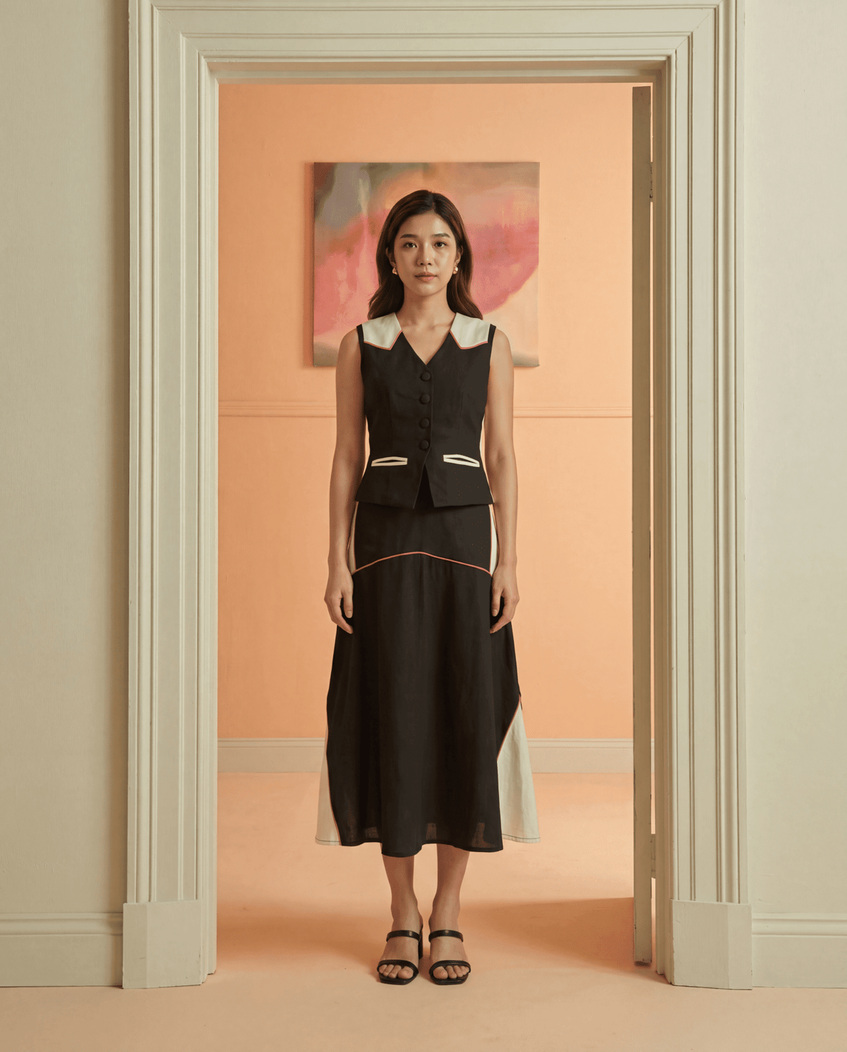 Black and Ivory Panelled Colorblock Midi Skirt