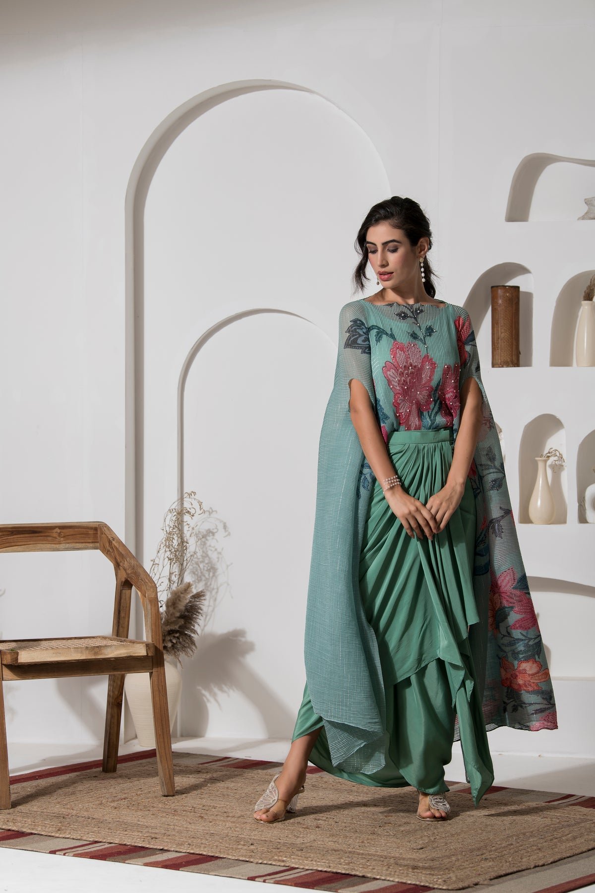 Dusty Jade Green Floral Kaftan and Dhoti Co-ord Set