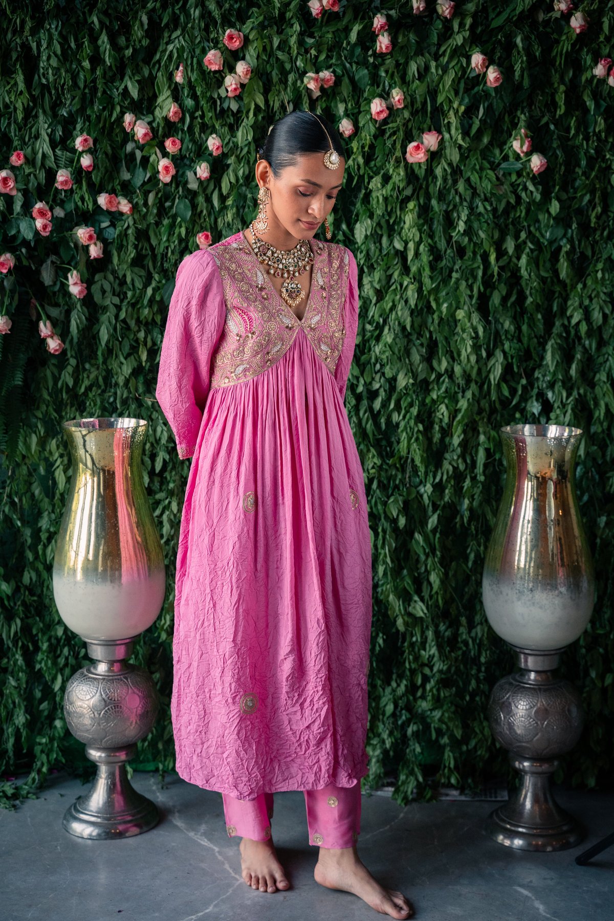 Pink Crushed Silk Embroidered Kurta Set with Net Dupatta
