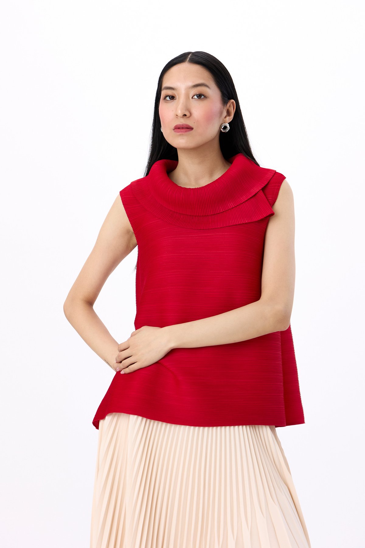 Red Pleated A-Line Top with Statement Collar