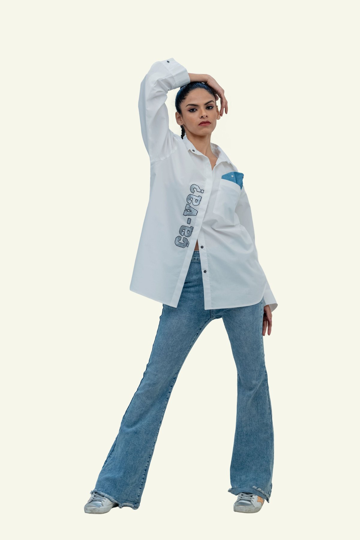 White Cotton Shirt with Denim Pocket