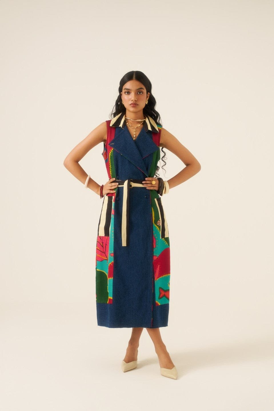 Multicolor Trench-Style Wrap Midi Dress with Belt