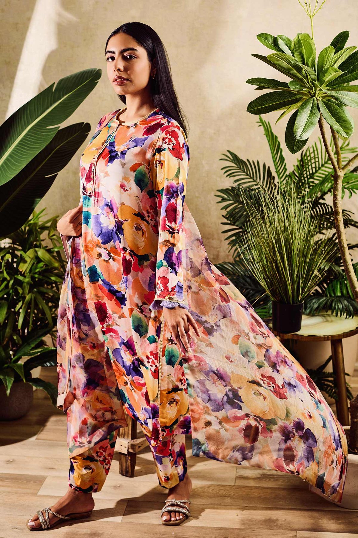 Cupro Satin Print Floral Round Watercolor Kurta And Pant Set