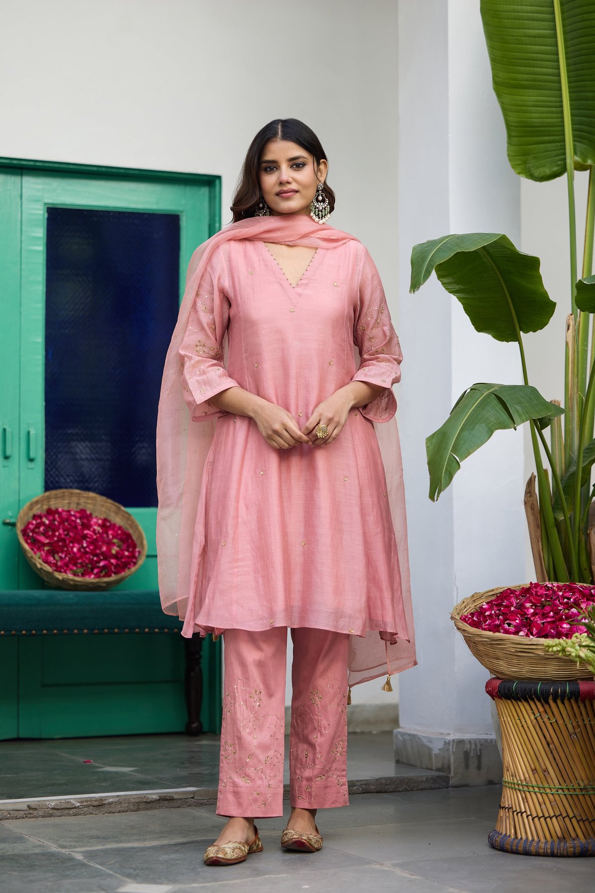 Peach Silk Chanderi Hand-Embroidered Kurta Set