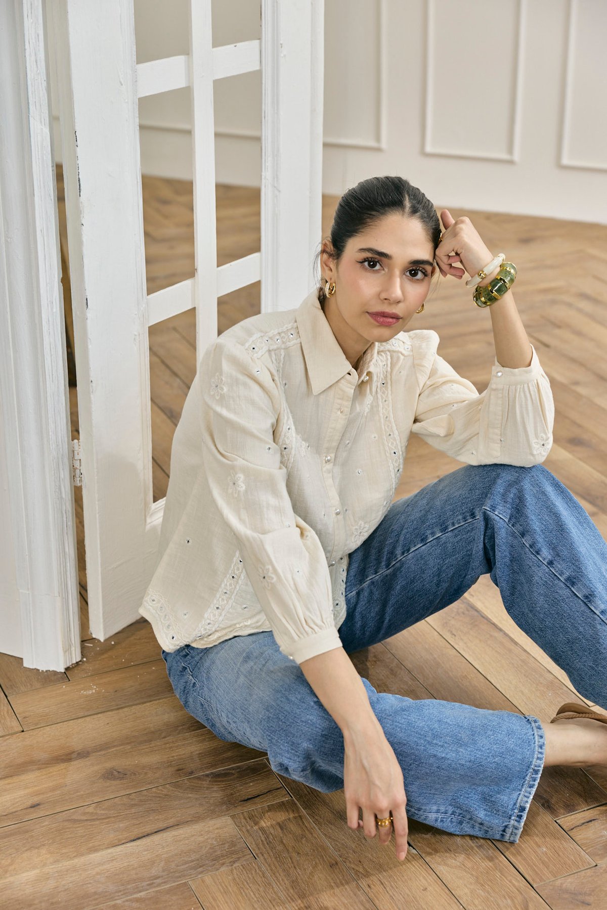 Off-White Mirror Work Embroidered Button-Down Shirt