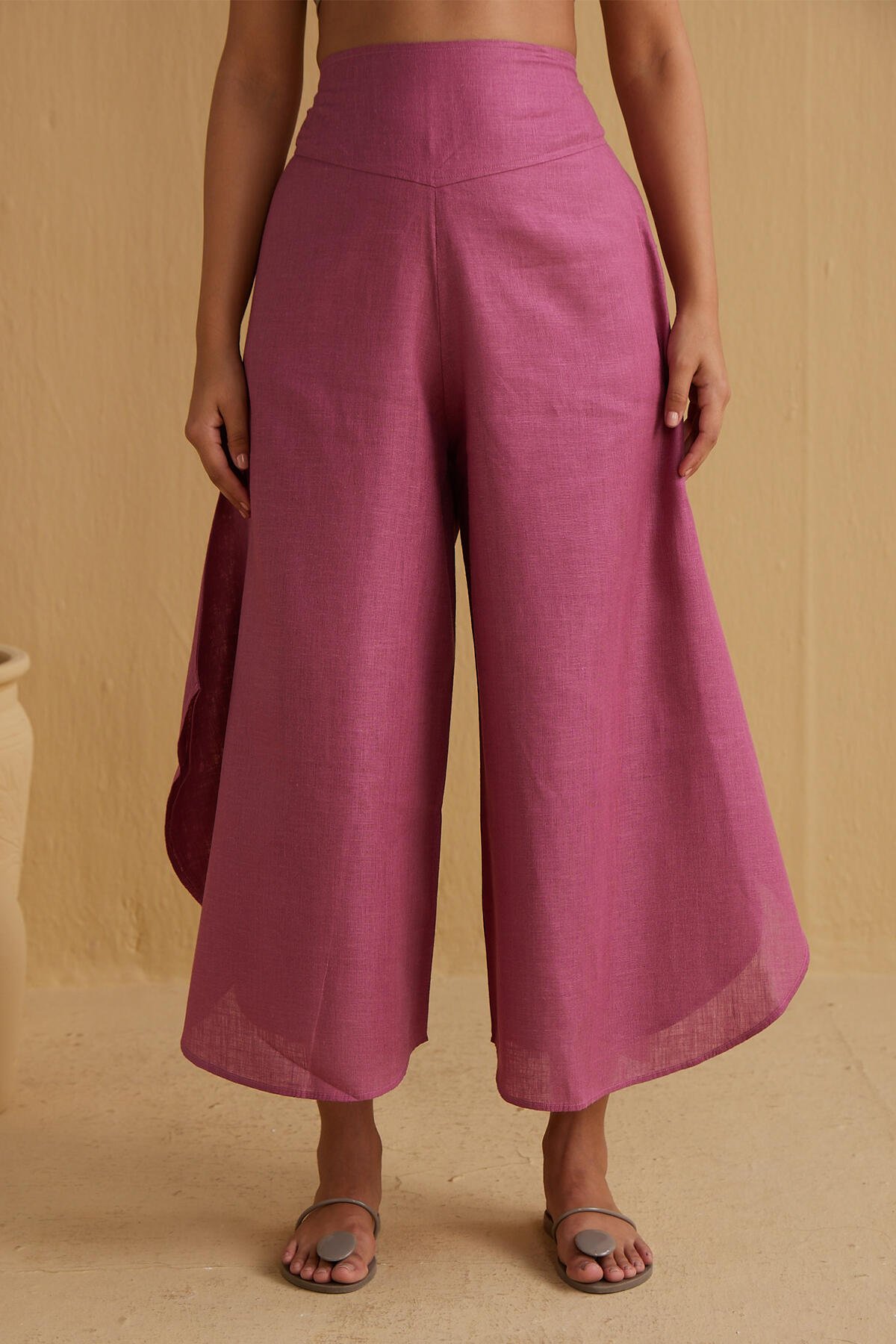 Onion Pink Linen High-Rise Palazzo Trousers