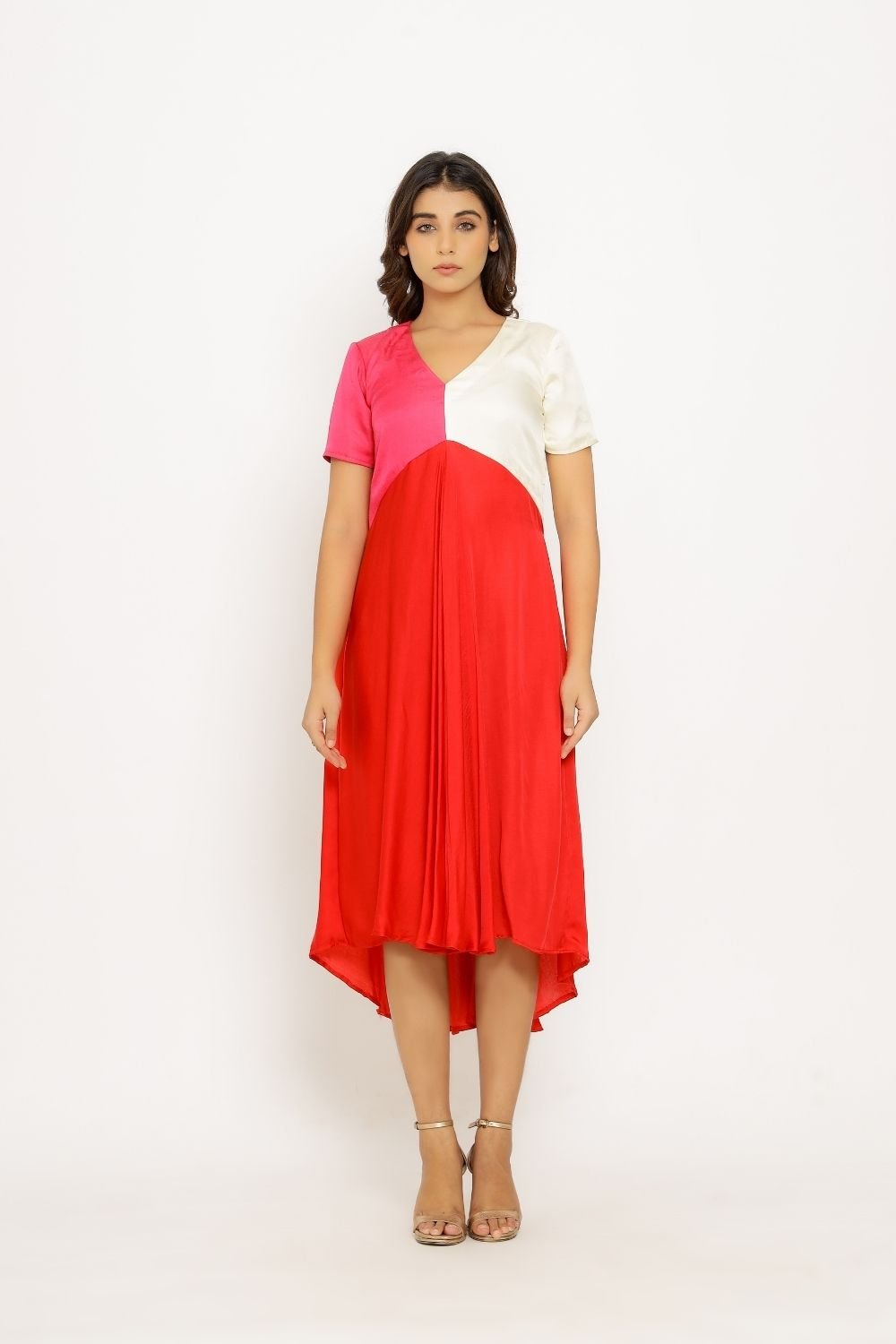 Red/Pink Colorblock V-Neck Midi Dress