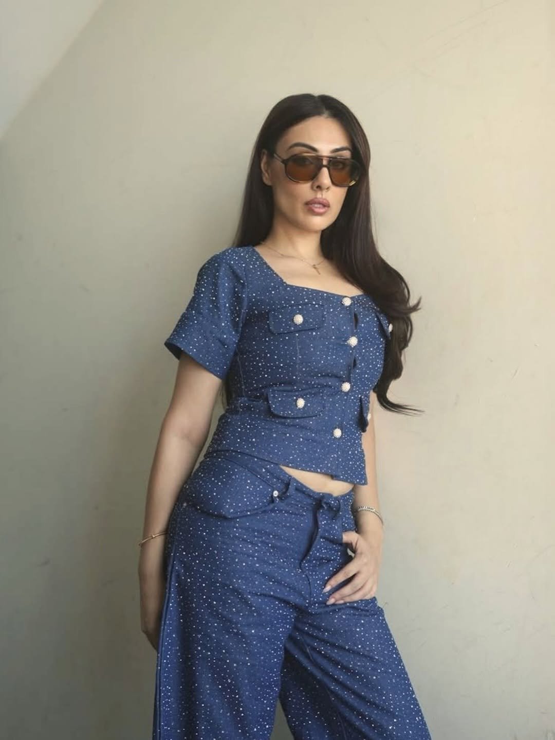 Blue Square-Neck Sparkle Button-Front Top