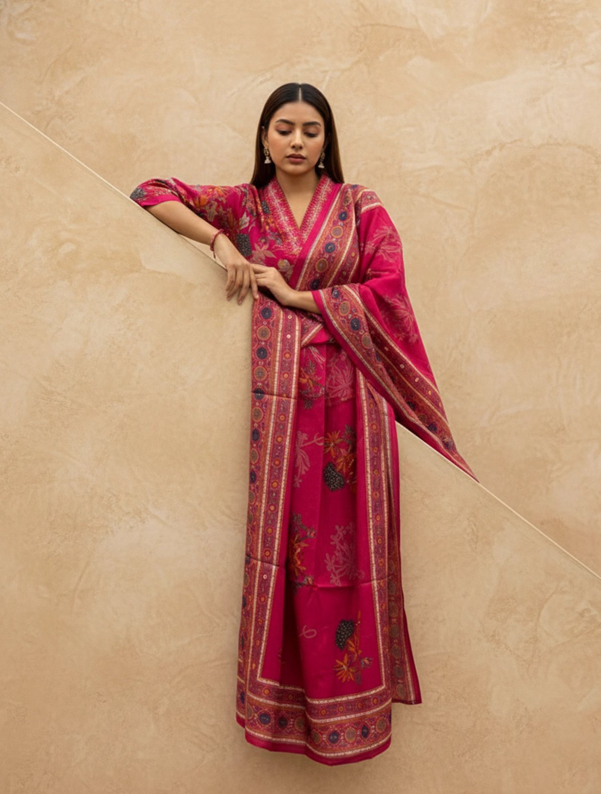 Floral Print Embroidered Kurta Pant Dupatta Set