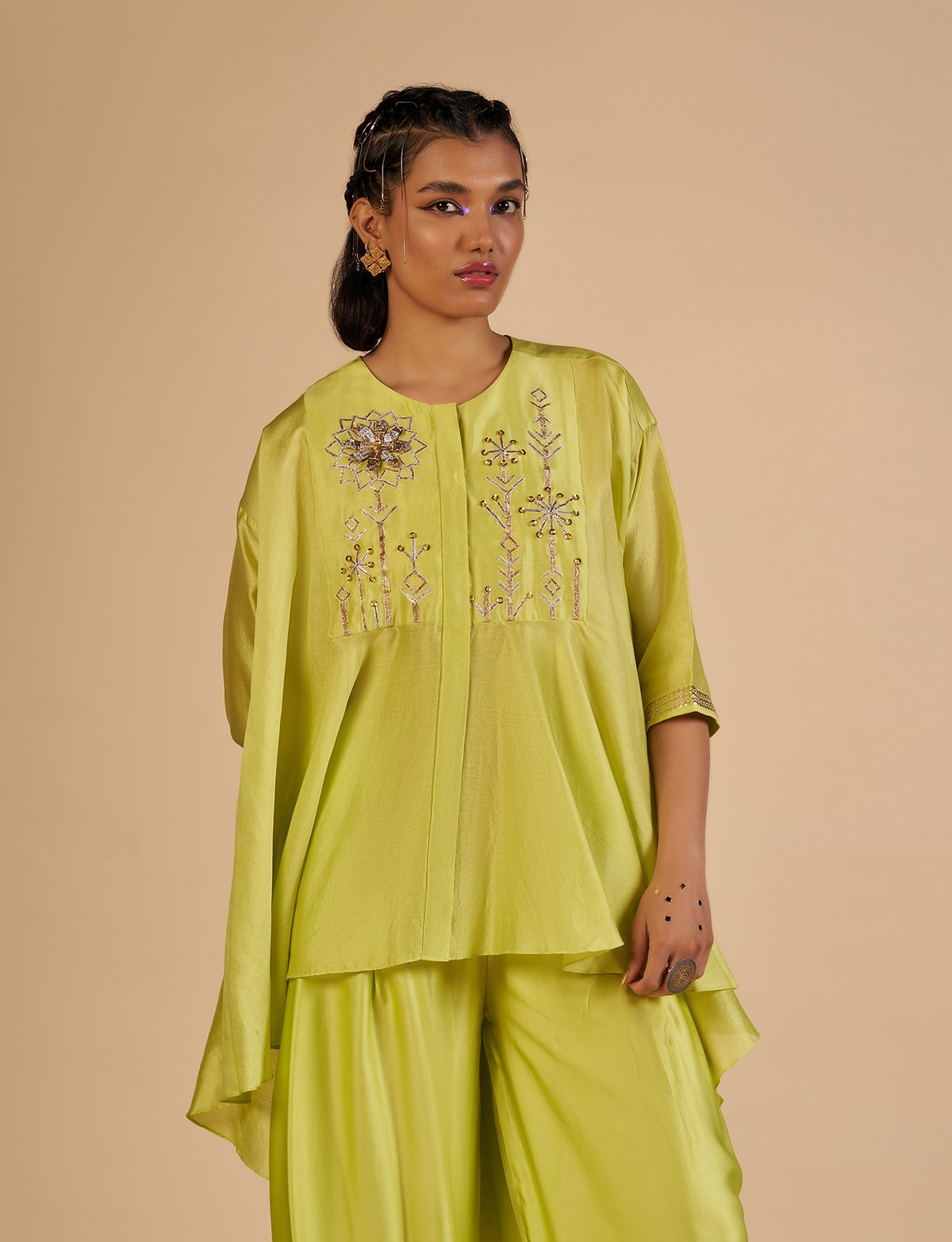 Lime Green Silk Chanderi Circular-Cut Asymmetric Shirt