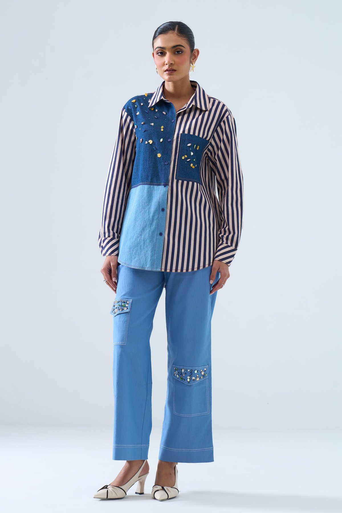 Denim/Stripe Colorblock Button-Down Shirt